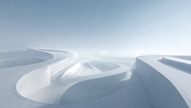 Abstract, futuristic architectural landscape featuring flowing, curvilinear forms in shades of white