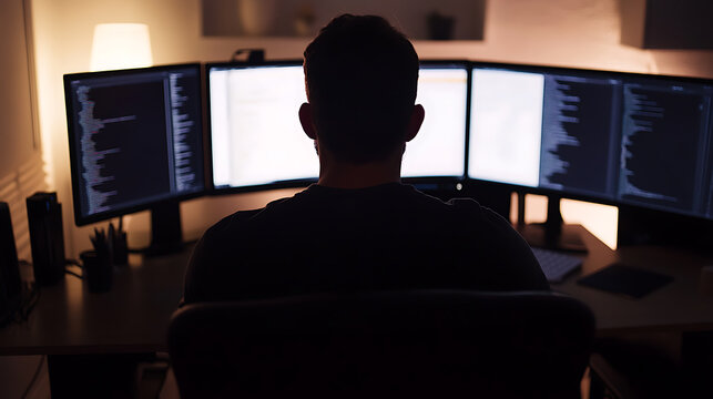 Focused coder at work, immersed in complex code across multiple screens. Silhouetted figure in a dimly lit room, highlighting dedication and concentration. - Powered by Adobe