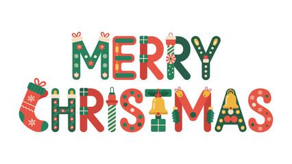 Festive Christmas Greeting: A whimsical, vibrant illustration spells out Merry Christmas, a colorful design. conveying the festive spirit of the holiday season.