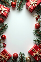 Festive holiday decorations with red gifts, ornaments, and evergreen branches surrounding a blank space