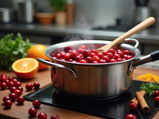 Cooking with fresh cranberries in a cozy kitchen, showcasing seasonal flavors and vibrant colors during an afternoon activity