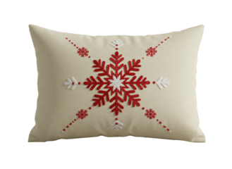 Cozy pillow with red and white embroidered snowflake png isolated on transparent background