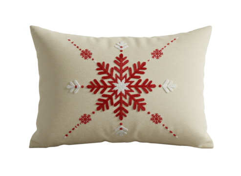 Cozy pillow with red and white embroidered snowflake png isolated on transparent background