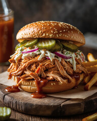 Juicy pulled chicken sandwich topped with fresh veggies and tangy sauce served with crispy fries on a rustic wooden board