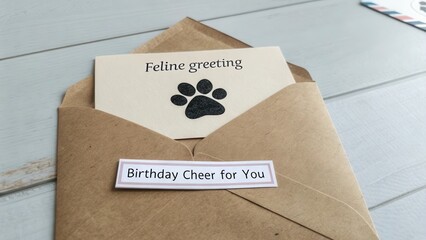 A feline greeting card with paw print in a kraft envelope