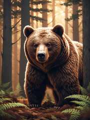 Majestic bear stands amidst lush ferns in a tranquil forest during golden hour, capturing nature's beauty in soft light