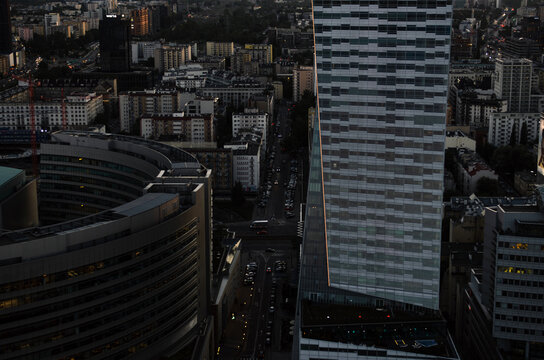 Dark mood arial view of city street. Mesmerizing urban landscape.