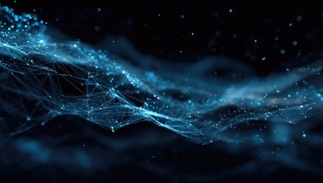 Digital wave-like network with connected nodes and glowing particles against a dark backdrop