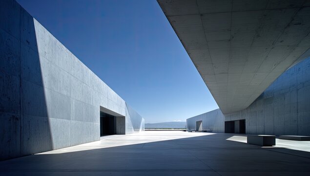 Modern architectural photograph shows a concrete building with open spaces, clear sky