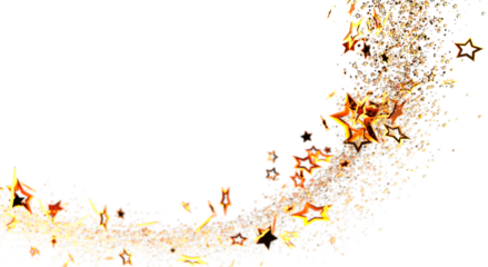 Abstract image of golden stars shimmering and glittering on white. Ideal for holiday greetings, celebrations and festive designs.