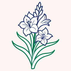 elegant line art of Gladiolus (Gladiolus) flower, thin black outline, minimal continuous stroke, light color background, cloud curves design
