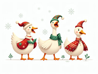 Festive ducks singing joyfully in winter hats and scarves for a cheerful holiday celebration
