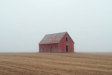 Abandoned generative ai depiction of an empty house in a desolate field under a misty sky, showcasing rural decay