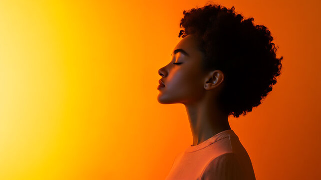 Contemplative beauty: A woman with an afro exudes serenity against a warm orange backdrop, eyes closed, bathed in golden light. Inner peace in a vibrant setting.