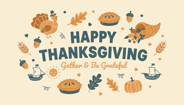 Happy Thanksgiving greeting card illustration with vintage turkey pie and harvest elements