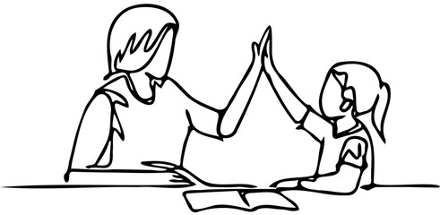 line drawing of a young mother accompanying her child studying and reading a book