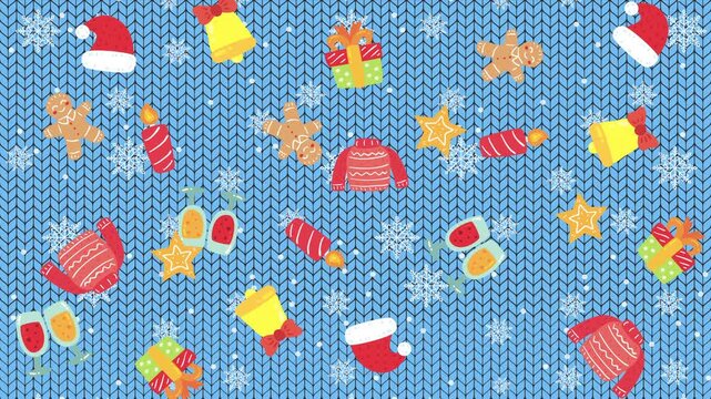 4k animated of festive seamless christmas pattern with icon gifts, Santa hats, sweaters, mittens, bells, stars, gingerbread, and snowflakes on blue background for holiday design.