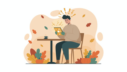 Frustrated man reading shocking news on tablet in an autumn setting indicating stress or digital error