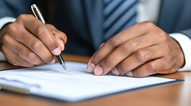 Businessman signing document with pen, showcasing professionalism and attention to detail