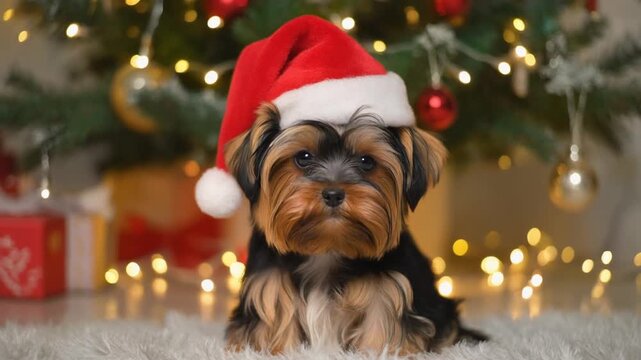 
Ein winziger Yorkshire-Welpe sitzt unter einem festlich geschm&uuml;ckten Weihnachtsbaum