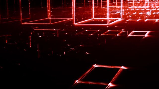 Leuchtende gitterf&ouml;rmige Geometrie f&uuml;r Technologie, Energie, Produktion & Datentransfer &ndash; moderne Architektur, Planung & Sicherheit visualisiert, rot
