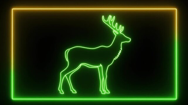 Neon deer outline within a glowing rectangular frame	on Black Background