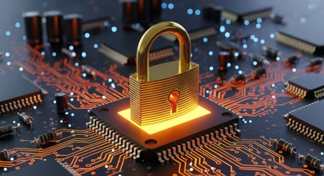 Golden padlock on a computer chip symbolizing digital security and data protection
