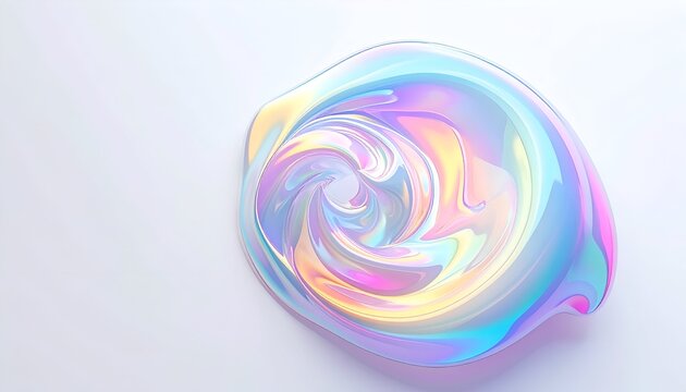 Abstract swirling iridescent liquid form on a white background, suggesting fluidity and light