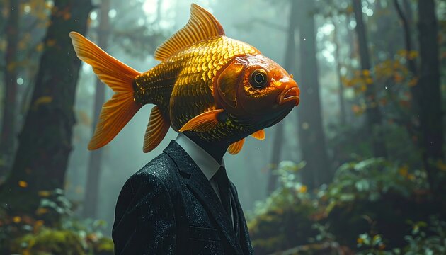 Surreal image Man with a goldfish head in a suit standing in a misty forest, moody and dreamy