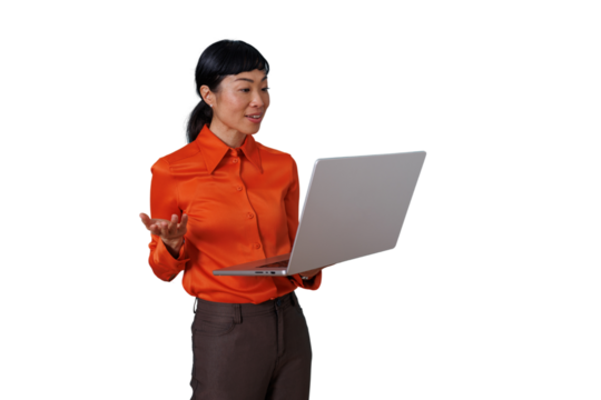 Asian businesswoman talking and presenting with a laptop, communicating ideas in a professional setting on transparent background