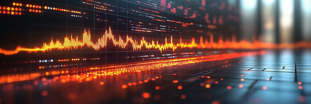 Digital data analysis, abstract stock market graph, and scientific visualization on a futuristic display