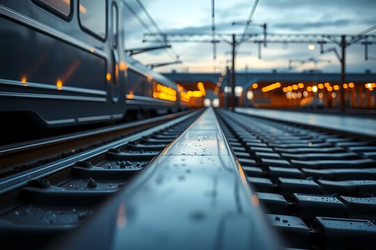 Generative AI train tracks at dusk with warm lights ahead.