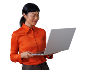 Asian businesswoman using laptop for remote work and online communication, focused on task with transparent background