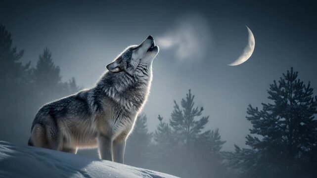 Gray wolf walking and howling under crescent moon in frozen forest, winter night wildlife scene for pagan mystic theme