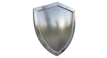 A metallic, brushed steel shield with rivets, isolated on a white background