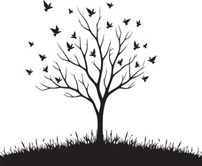 Decorative Floral Tree Silhouette with Leaves and Flowers on Grass Hill Illustration
