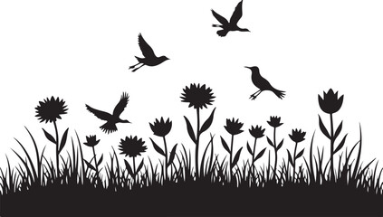 Decorative Floral Tree Silhouette with Leaves and Flowers on Grass Hill Illustration