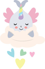 Sleepy Narwhal on a Cloud with Pastel Hearts
