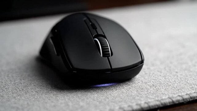 A stylish black wireless computer mouse illuminates subtly on a light grey desk pad.