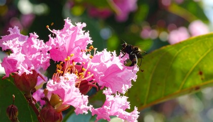 Close-up of a vibrant pink flower with crinkled petals, bathed in sunlight, as a bee forages for nectar