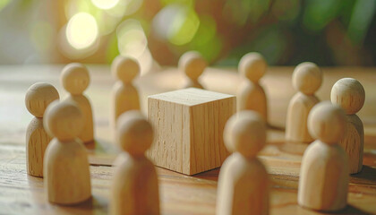 Wooden figurines forming circle around wooden cube. Unity and collaboration, teamwork, community
