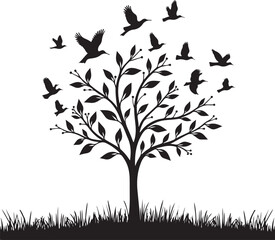 Decorative Floral Tree Silhouette with Flying Birds and Grass in Elegant Nature Artwork