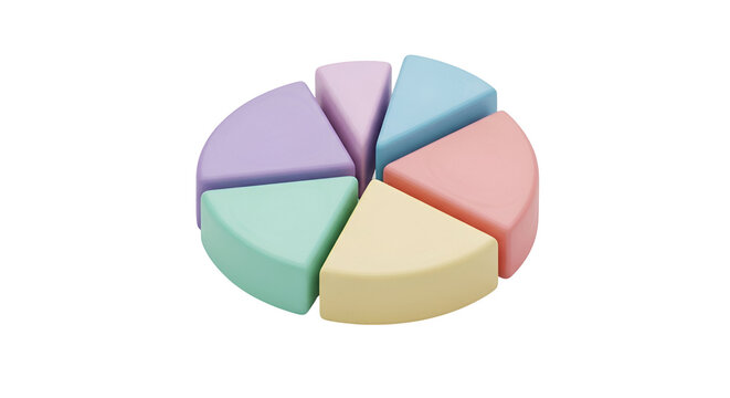 3d icon of pastel pie chart with seven slices, representing data analysis and visualization