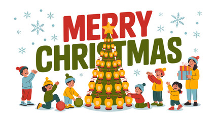 Christmas Cheer: A vibrant illustration captures the magic of the holiday season, with children joyfully decorating a festive tree. The scene exudes warmth and delight.