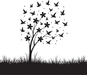 Tree Silhouette with Flock of Flying Birds Above Grass in Minimal Nature Landscape