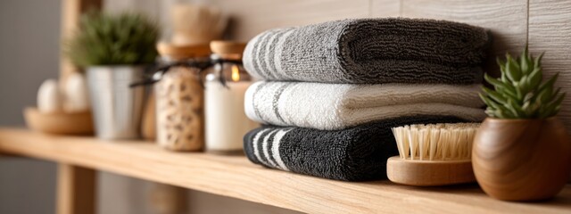 Stylish Spa Accessories on Wooden Shelf with Towels and Decorative Elements for Organized Home Beauty
