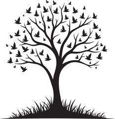 Obraz premium Tree Silhouette with Flock of Flying Birds Above Grass in Minimal Nature Landscape