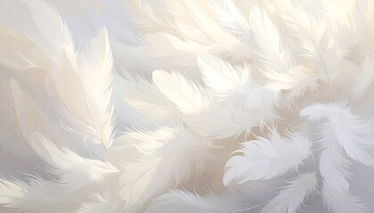 Close-up view of delicate, soft, white feathers. They are layered in a blurred arrangement with a gentle and ethereal glow