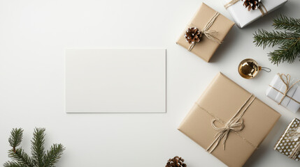 Minimalist holiday scene featuring wrapped gifts, pine branches, and blank card for personalized messages. Perfect for festive occasions