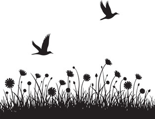 Tree Silhouette with Flock of Flying Birds Above Grass in Minimal Nature Landscape